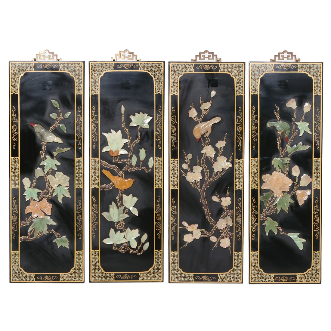 Vintage Ebony Lacquer and Stone Hanging Wall Panels, Four Total: Vintage Ebony Lacquer and Stone Hanging Wall Panels, Four Total, All Having Ebony Lacquer Ground Featuring Painted Floral and Scroll Designs, Interiors Feature Various Stone Flowers, Leaves and Birds,