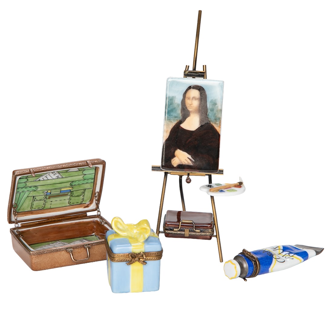 Vintage French Limoges Hand Painted Porcelain Trinket Boxes, Four Total: Vintage French Limoges Hand Painted Porcelain Trinket Boxes, Four Total, Includes One Cobalt Blue Acrylic Paint Tube, 3.25" High, 1" Wide, .5" Deep; Along with One Gift Box Shaped Box, Having Yellow B