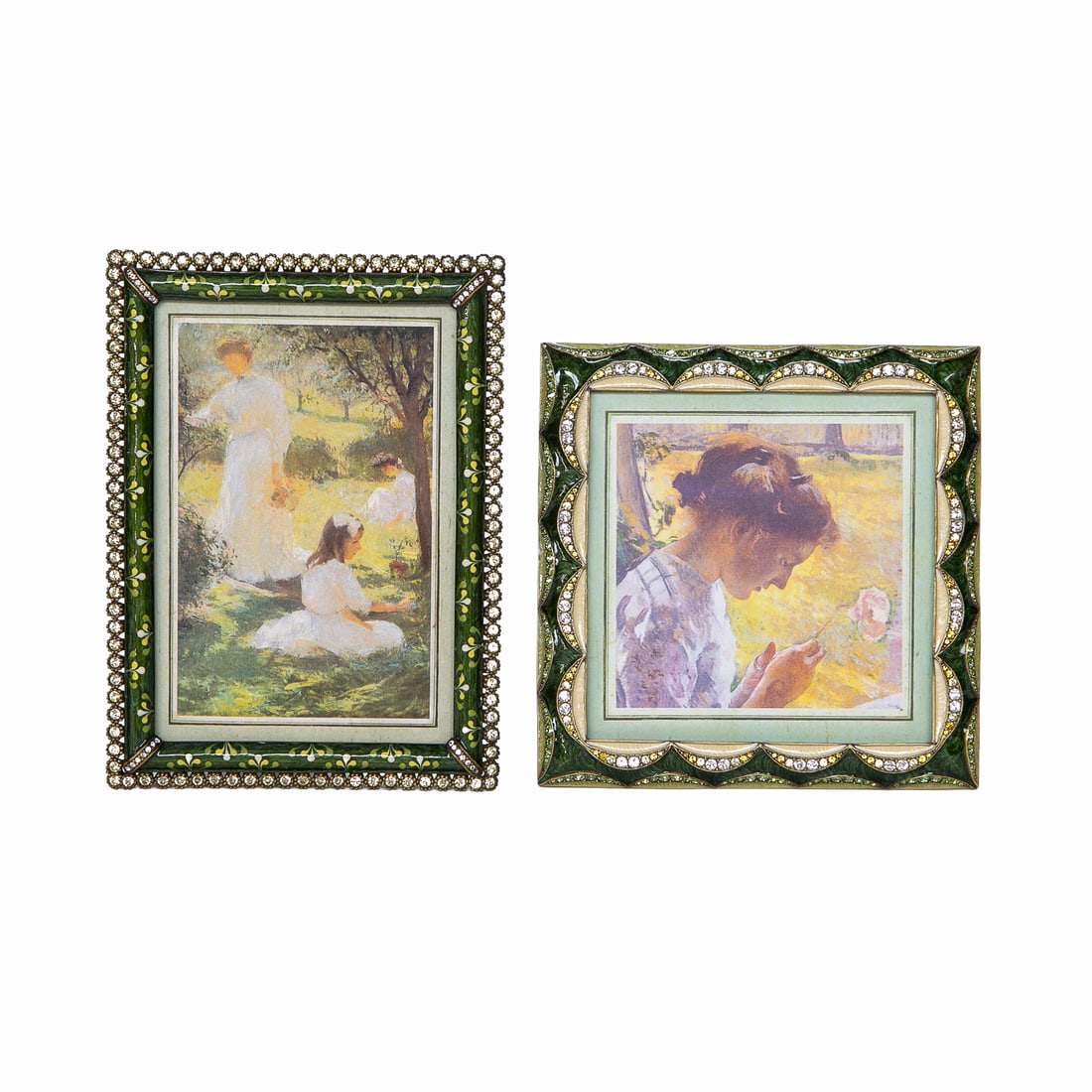 Vintage Jay Strongwater Green Enamel and Jeweled Frames, Two Total: Vintage Jay Strongwater Green Enamel and Jeweled Frames, Two Total, Includes One Square Frame in Various Colors of Green Enamel, Surrounded by Yellow and Green Crescent Shaped Jewels, Pierced Enamel