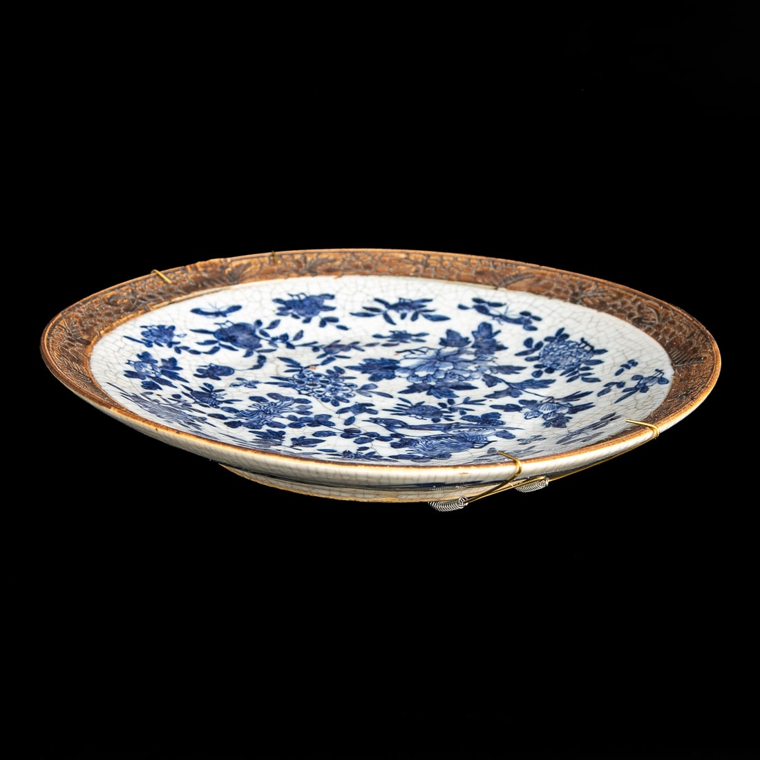 Vintage Oriental Porcelain Plate: Vintage Oriental Porcelain Plate, Having Crackled White Finish Ground, Cobalt Blue Floral, Leaf and Bird Designs, Surrounded by Dark Border Featuring Etched Leaf and Floral Designs, Accompanied by Bra