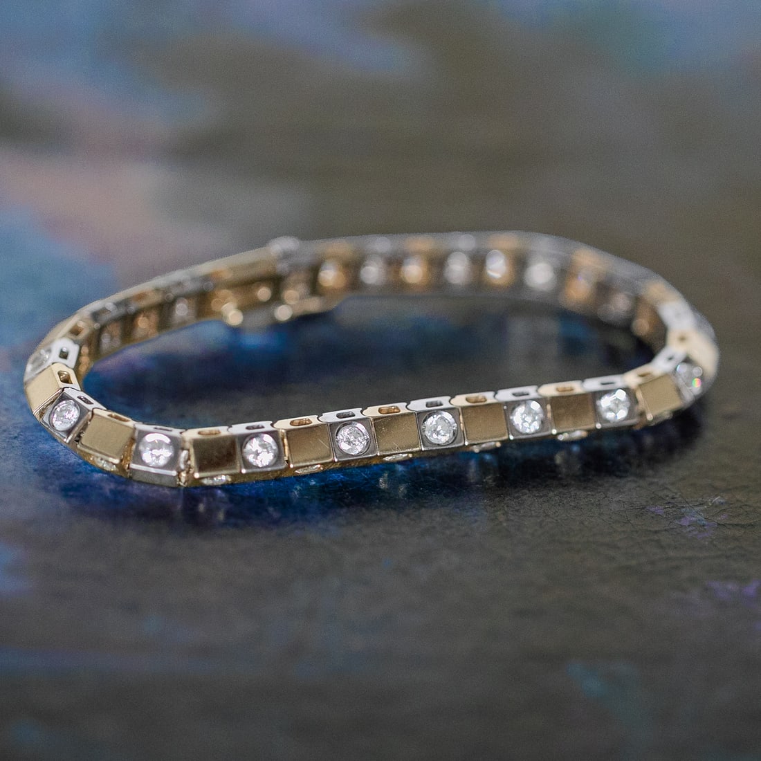 7 Inch 14K Yellow and White Gold Diamond Bracelet: 7 Inch 14K Yellow and White Gold Diamond Bracelet, Containing Thirty-Five (35) Natural Round Brilliant-Cut Diamonds Weighing 3.50 Carats. Diamonds are H-I in Color and SI in Clarity. Bracelet Weighs