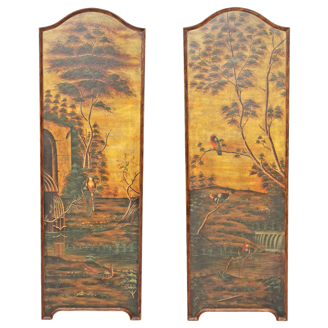 Vintage Castilian Imports, Inc. Shaped Decorative Wall Panels, Pair: Vintage Castilian Imports, Inc., Shaped Decorative Wall Panels, Pair, Having Arch Shaped Tops, Trees at Top, Birds Perched on Branches and Ground at Pond, Molded Edge in Burnished Gold Finish, Warm