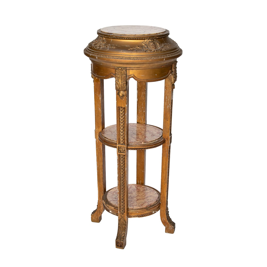 Vintage Louis XVI Style Gold Leaf Marble Top Pedestal: Vintage Louis XVI Style Gold Leaf Marble Top Pedestal, Having Circular Marble Top, Sides Feature Carved Floral Cartouche Surrounded by Leaf Wreath and Swags, Carved Water Leaf Edge, Shaped, Molded