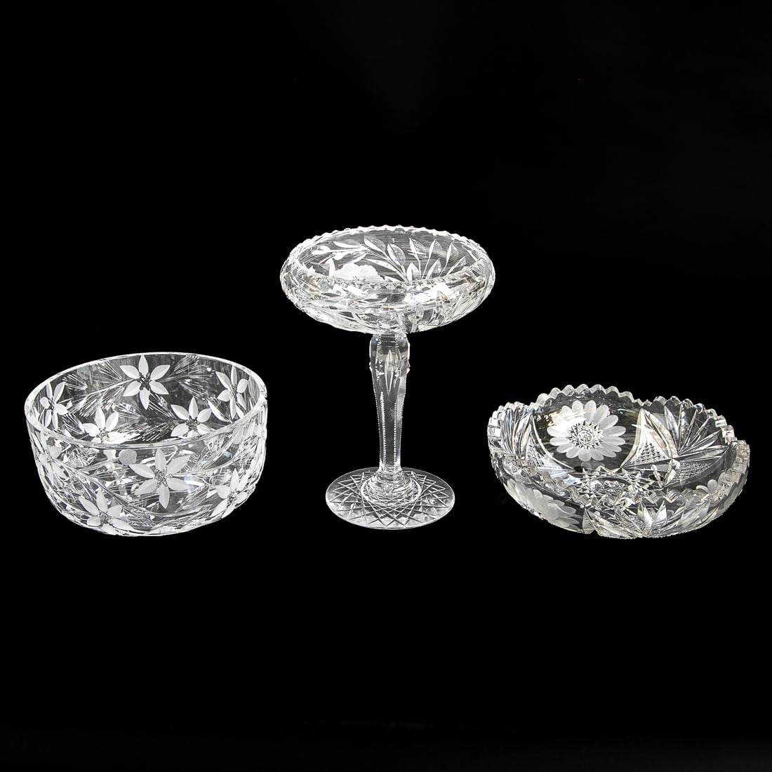 Cut Glass Table Top Items, Three Total: Cut Glass Table Top Items, Three Total, Includes One Cut Glass Bowl Having Leaf and Etched Floral Designs, 3.5" High, 7" Diameter; Along with One Cut Glass Compote Having Notched Edge, Leaf and Etched