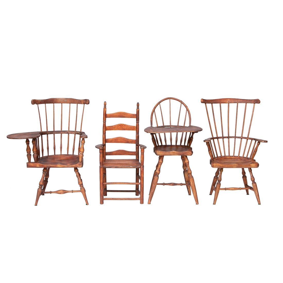 Vintage Crafted Birch Wood Doll Chairs, Four Total: Vintage Crafted Birch Wood Doll Chairs, Four Total, All Having Cherry Finish, Includes One Spindle Back Windsor Arm Chair Having Shaped Seat, H Shape Support Stretcher, 15.25" High, 9.5" Wide, 5.5"