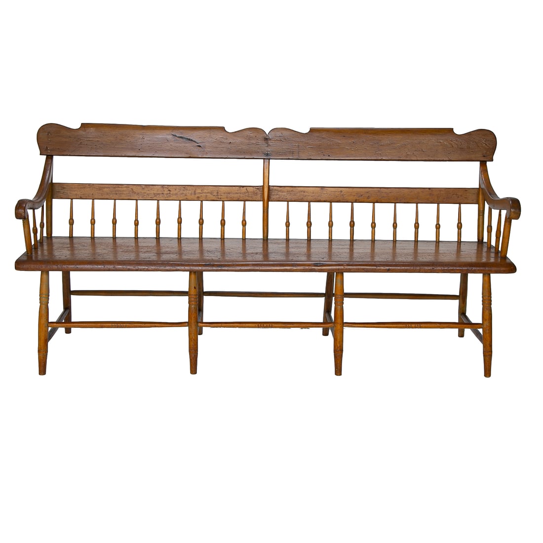 Antique Poplar Bench: Antique Poplar Bench, Having Shaped Top Rail, One Support Splat Above Turned Spindle Back, Curved Arms with Turned Spindle Supports, Rounded Front Seat Edge, Resting on Turned Legs, Turned Box Shape S