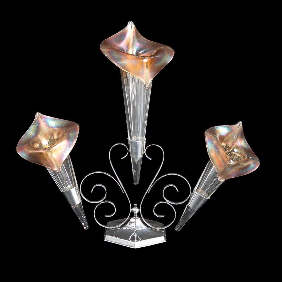 Victorian Style English Silver Plated and Glass Epergne: Victorian Style English Silver Plated and Glass Epergne, Having Three Arms Supported by Scroll Form Bases, Resting on Hexagonal Shape Base, Marked on Bottom, Three Glass Vases Having Calla Lily Form, 