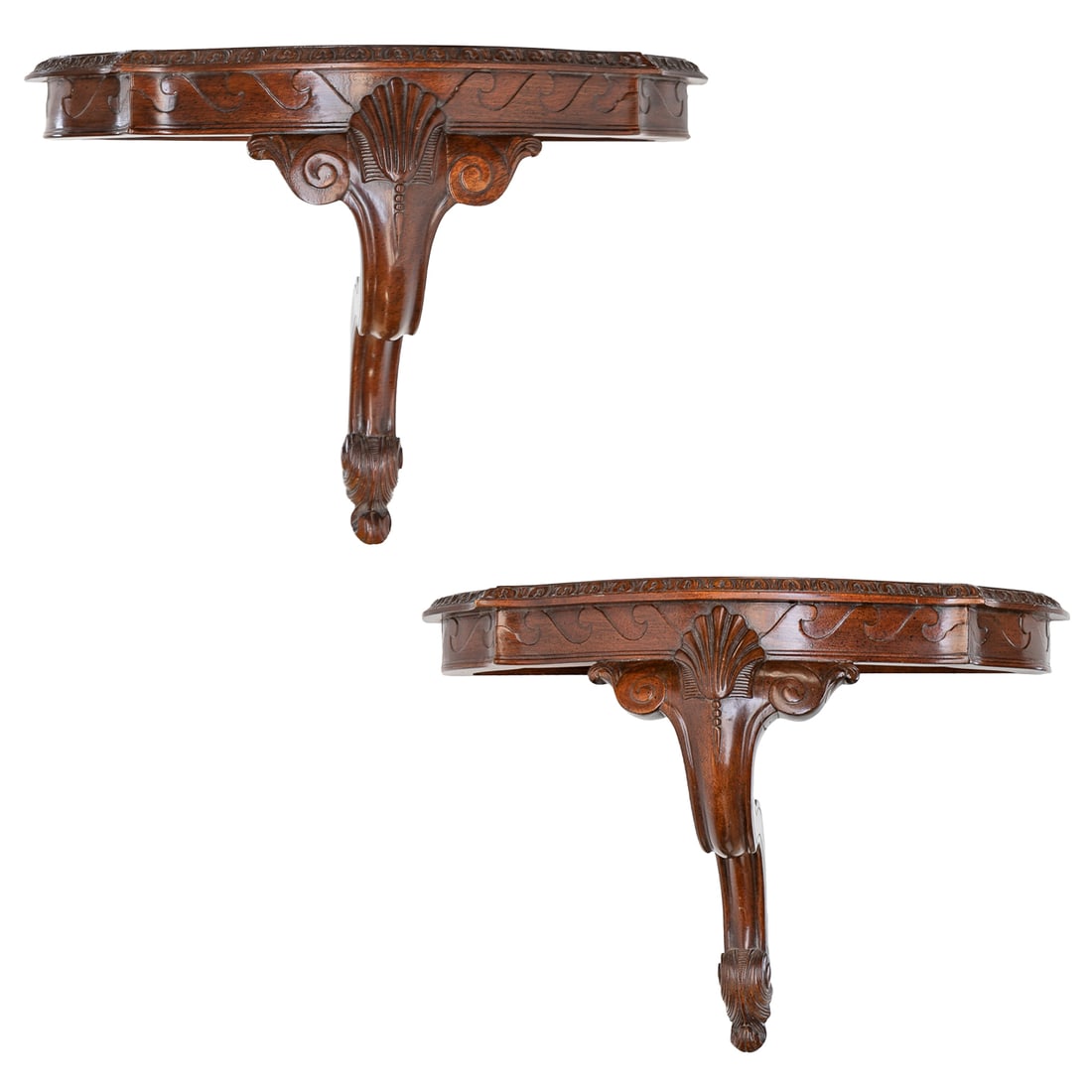 Vintage Maitland-Smith Carved Mahogany Wall Brackets, Pair: Vintage Maitland-Smith Carved Mahogany Wall Brackets, Pair, Having Shaped Top, Egg and Dart Style Carved Edge, Apron Features Wave Designs, Scroll Form Support Features Shell Carved Top and Leaf Carve