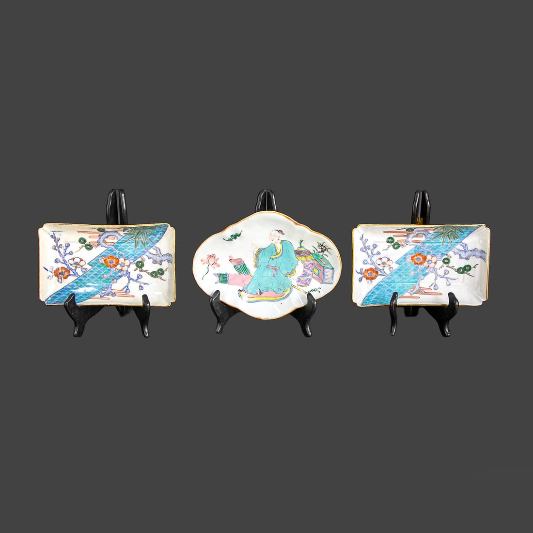Vintage Oriental Porcelain Dishes, Three Total Pieces: Vintage Oriental Porcelain Dishes, Three Total Pieces, Includes Pair of Rectangular Dishes, Having Shaped Corners, Turquoise Branch Form Surrounded by Cobalt Branches, Bittersweet Floral and Green Lea