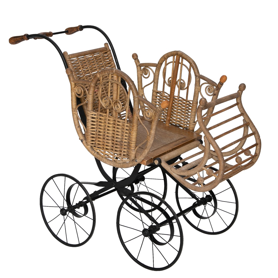 Vintage Wicker Baby Strollers/Carriages, Two Total: Vintage Wicker Baby Strollers/Carriages, Two Total, One Having White Wicker Finish Stroller Featuring Braided Top, X Design on Sides, Metal Handle Featuring Wooden Push Bar, Metal Frame and Metal Whee