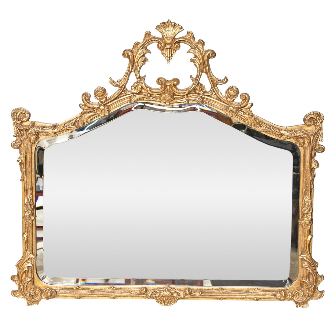 Vintage Gold Leaf Louis XV Style Wall Mirror: Vintage Gold Leaf Louis XV Style Wall Mirror, Horizontal Shape, Having Open Pierced Scroll Carved Center Cartouche, Flanked by Floral and Scroll Designs, Scroll Form Carved Corners, Floral Carved Side