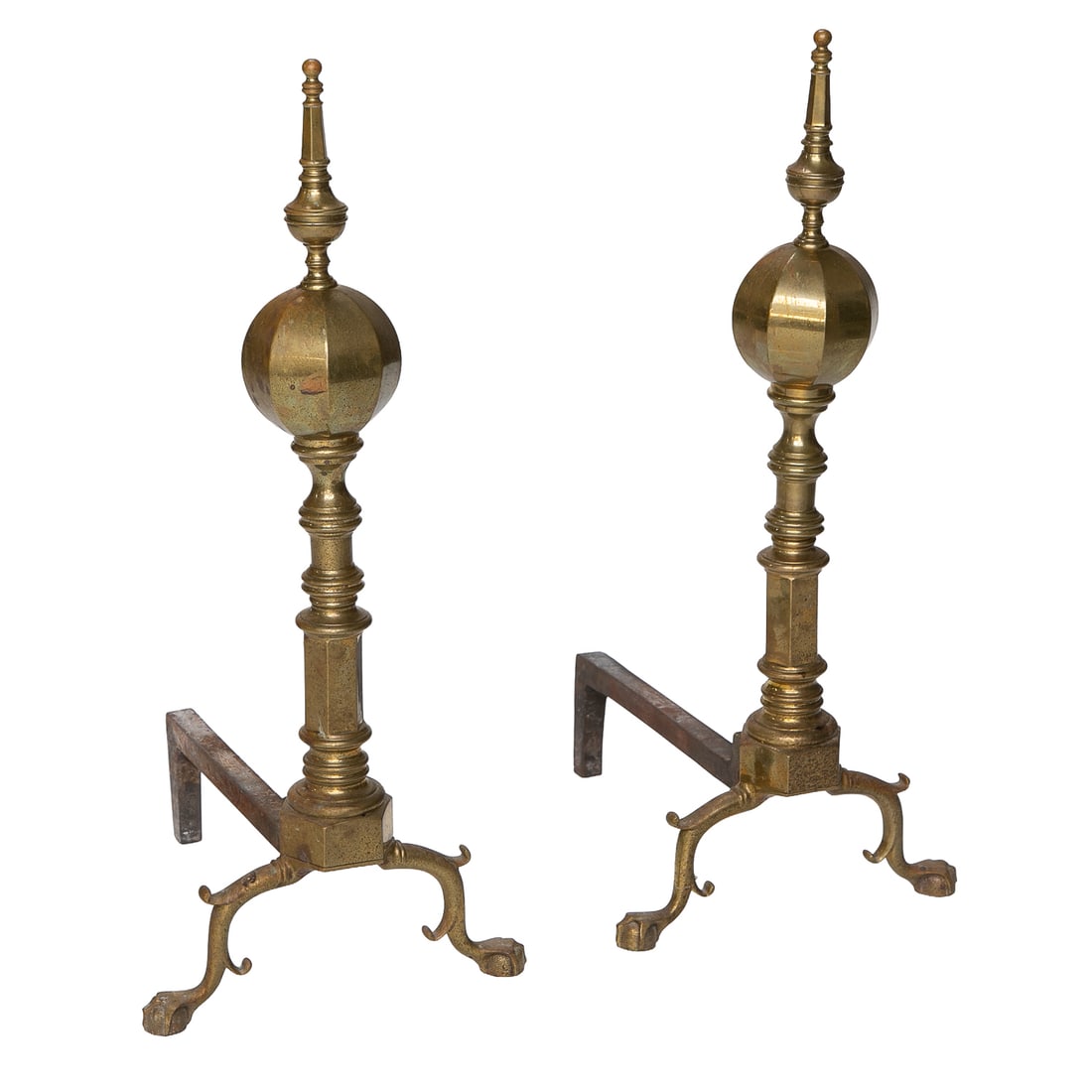 Antique Brass Andirons, Pair: Antique Brass Andirons, Pair, Having Finial Top, Spherical Octagonal Upper Body, Turned Mid Body, Octagonal Lower Body and Base, Resting on Ball and Claw Feet, Iron Supports. 29" High, 12.5" Wide, 17"