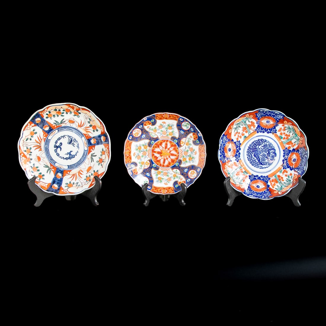 Vintage Imari Plates, Three Total: Vintage Imari Plates, Three Total, One Having Scalloped Edges, Bittersweet Floral Center, Alternating Panels of Blue Swirl and Muti Color Floral Designs, Marked on Bottom1" High, 7.5" Diameter; Along