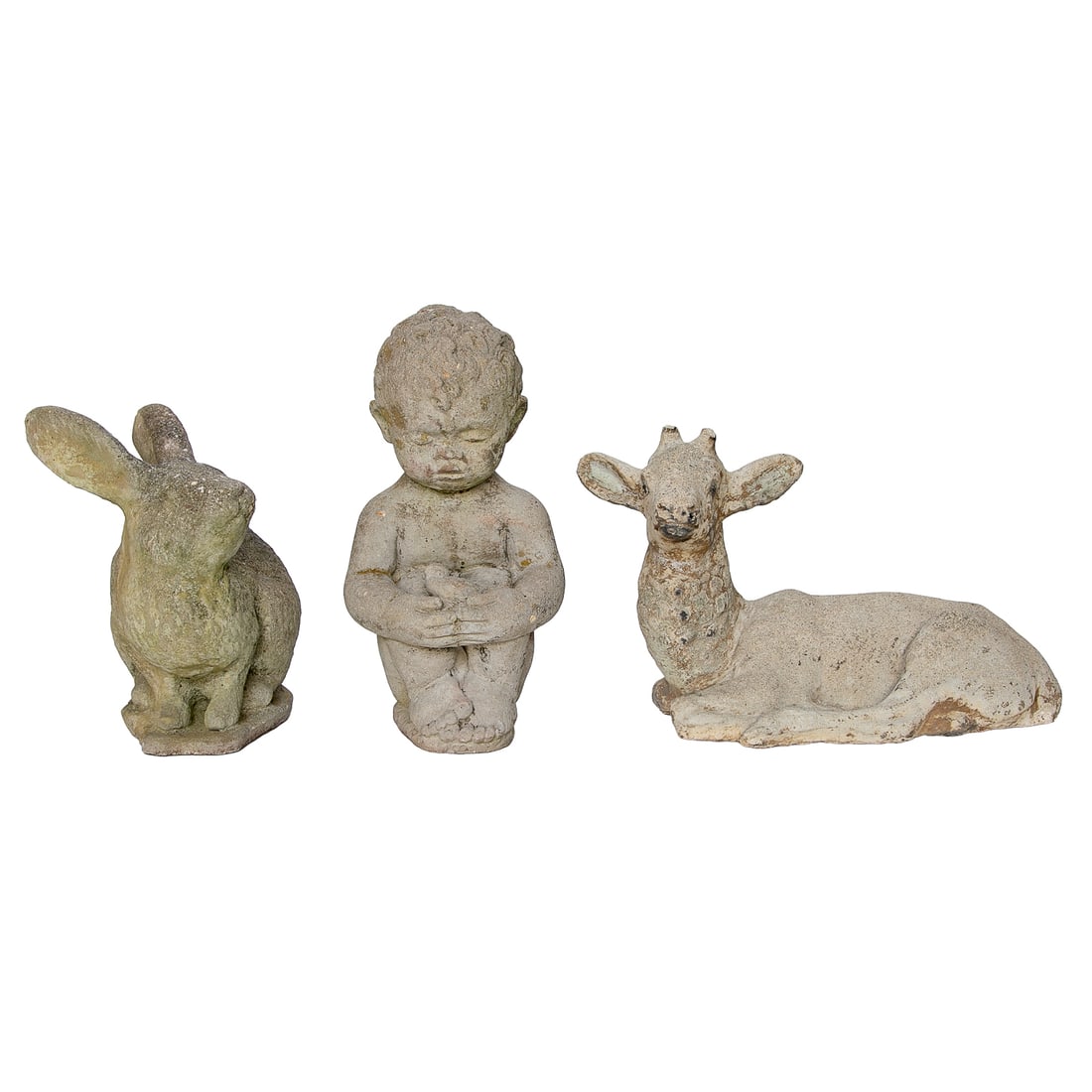 Vintage Cast Stone Garden Figures, Three Total: Vintage Cast Stone Garden Figures, Three Total, Including One Resting Roe Deer, 10.25" High, 17" Wide, 8" Deep; One Crouching Bunny, 11.25" High, 11.5" Wide, 6.5" Deep; Along with One Sitting Young