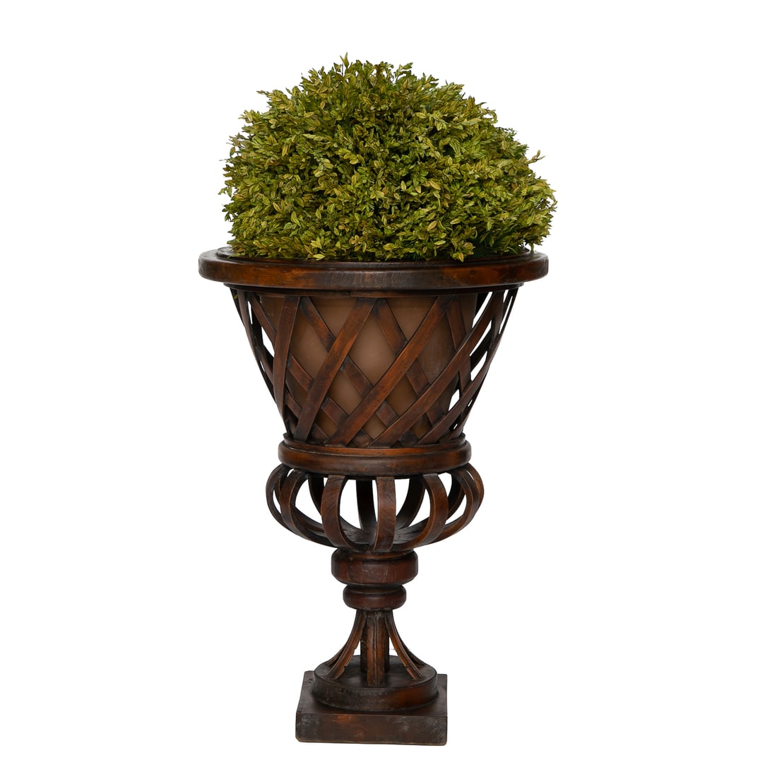 Vintage French Beechwood Basket Weave Urn Form Planter: Vintage French Beechwood Basket Weave Urn Form Planter, Having Lattice Style Body, Curved Splat Socle, Resting on Square Base, Accompanied by Faux Boxwood Plant. 32.5" High, 24" Diameter