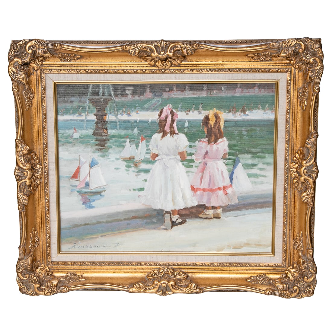 Valery Krassouline (Russian, 1947-)Fountain Scene, Oil on Canvas,: Valery Krassouline (Russian, 1947-) Fountain Scene, Oil on Canvas, Depicting Two Young Girls in Dresses and Bows, Watching Small Sailboats on Water, Fountain in Background, Signed Lower Left, Housed