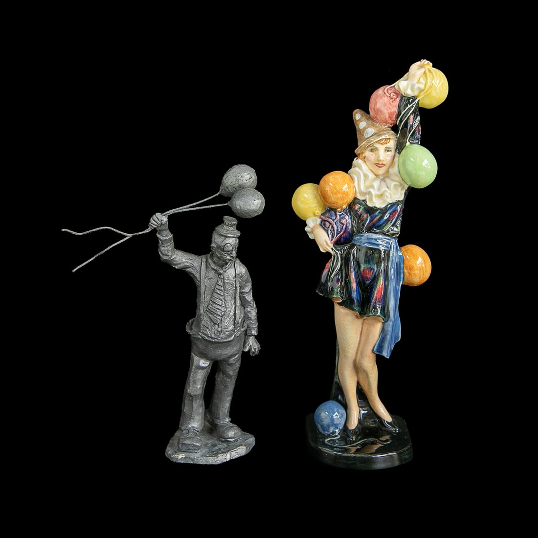 Figures with Balloons, Two Total: Figures with Balloons, Two Total, Includes One Royal Doulton Folly Figure, Depicting Art Deco Style Female Wearing Polka Dot Hat, Holding Multi Color Balloons, Resting on Ebony Ground Form, Marked on 