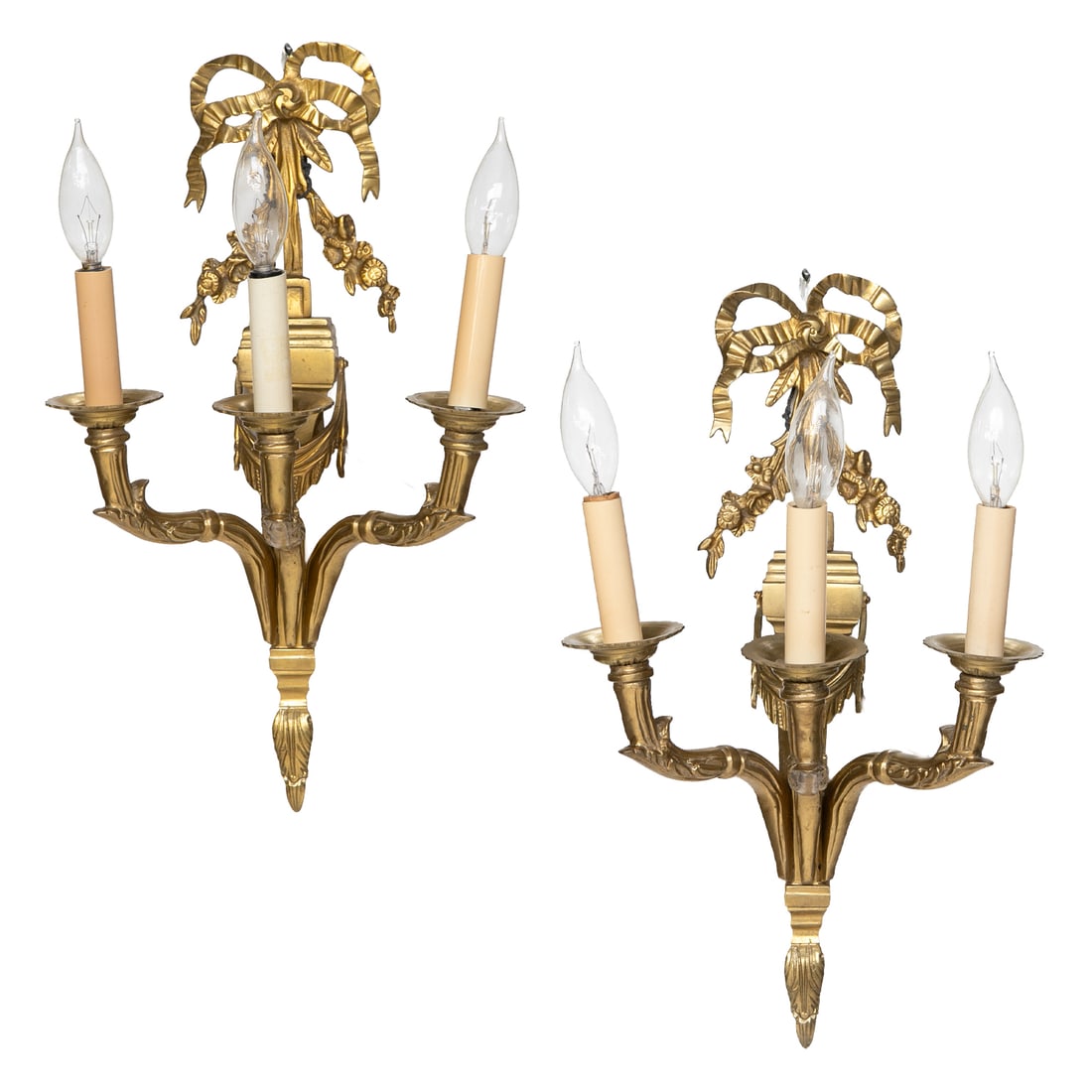 Vintage Gilt Bronze Louis XVI Style Three Branch Wall Sconces, Pair (1 of 9)