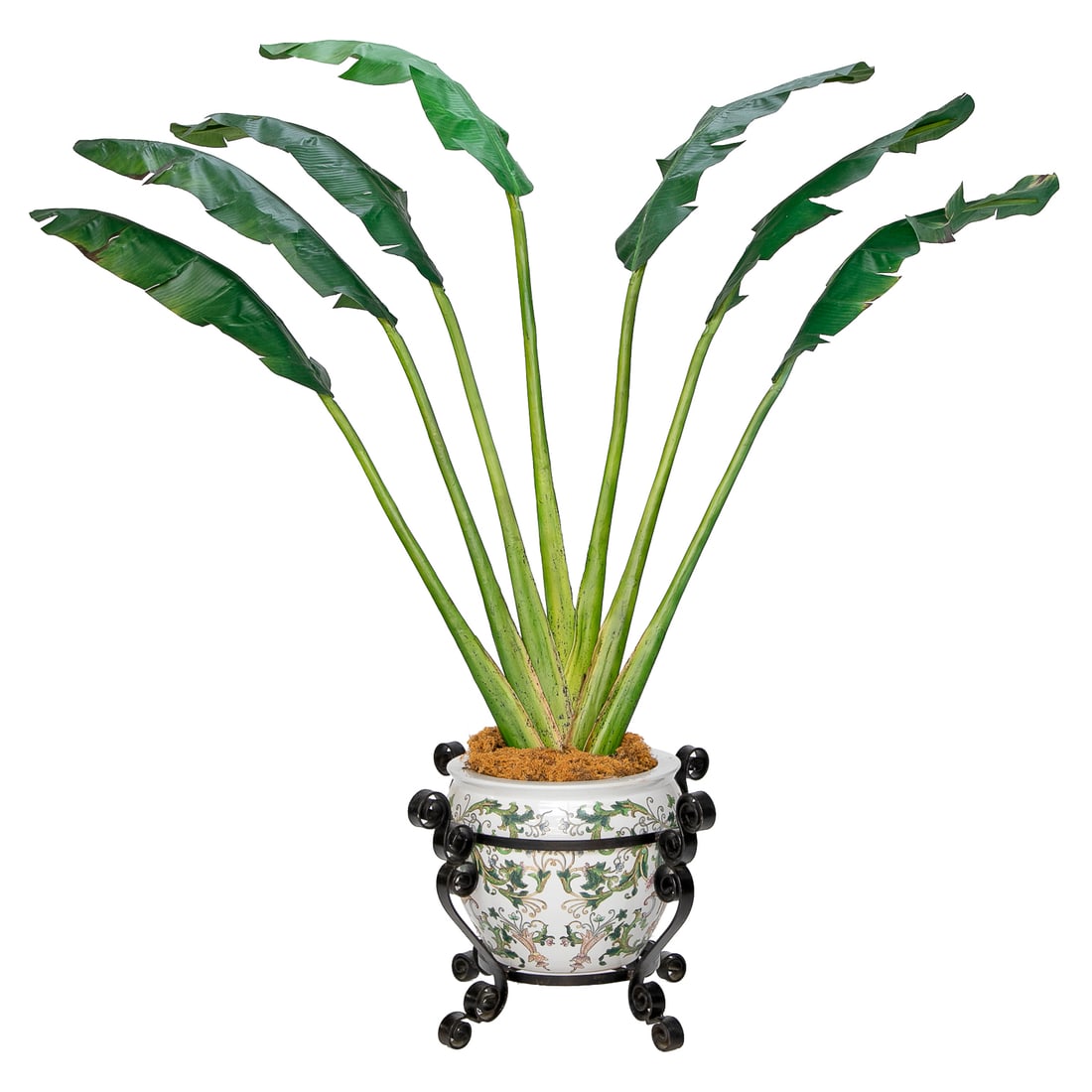 Vintage Oriental Porcelain Fish Bowl/Planter with Iron Base: Vintage Oriental Porcelain Fish Bowl/Planter with Iron Base, Having White Ground, Center Features Monkeys Facing Outward Sitting on Shelf, Surrounded by Greenery of Various Color Greens, Resting in