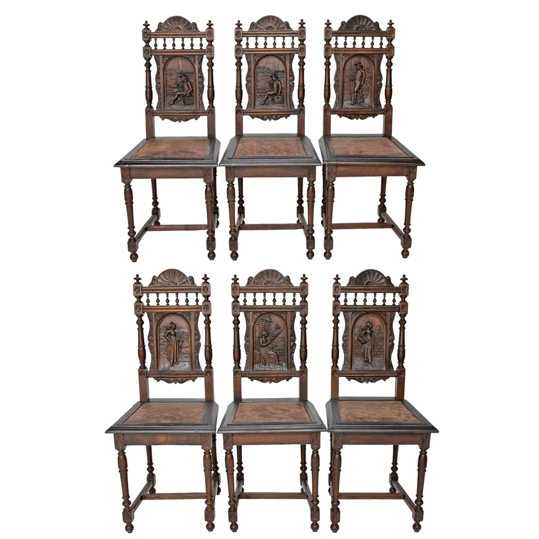 Late 19th C. Carved Oak French Renaissance Style Side Dining Chairs, Six Total (1 of 11)