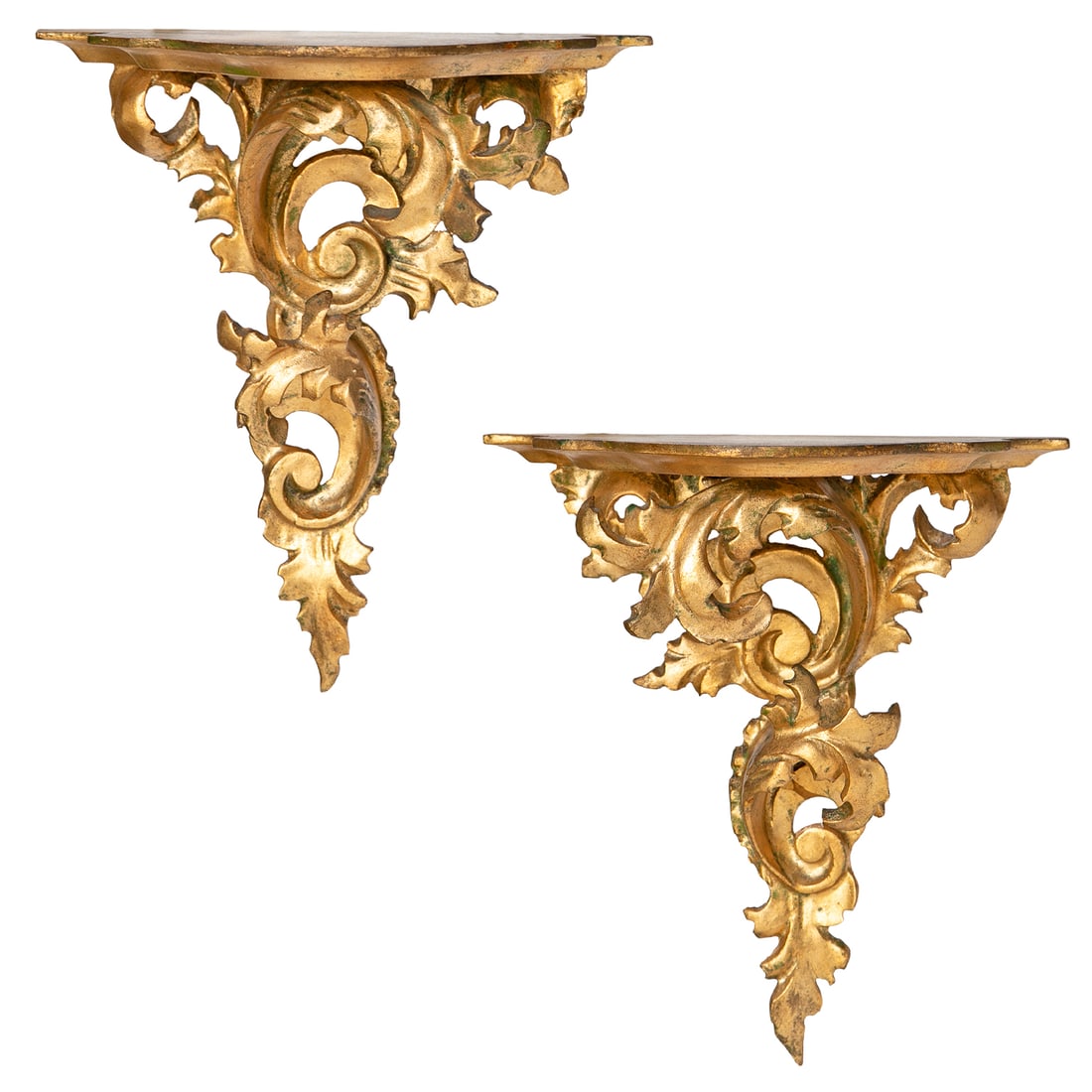 Late 19th C. French Louis XV Style Gilt Wood Wall Brackets, Pair: Late 19th C. French Louis XV Style Gilt Wood Wall Brackets, Pair, Having Shaped Surface Area, Scroll and Leaf Designs Underneath, One Facing Left and One Facing Right. 10" High, 9" Wide, 5.25" Deep