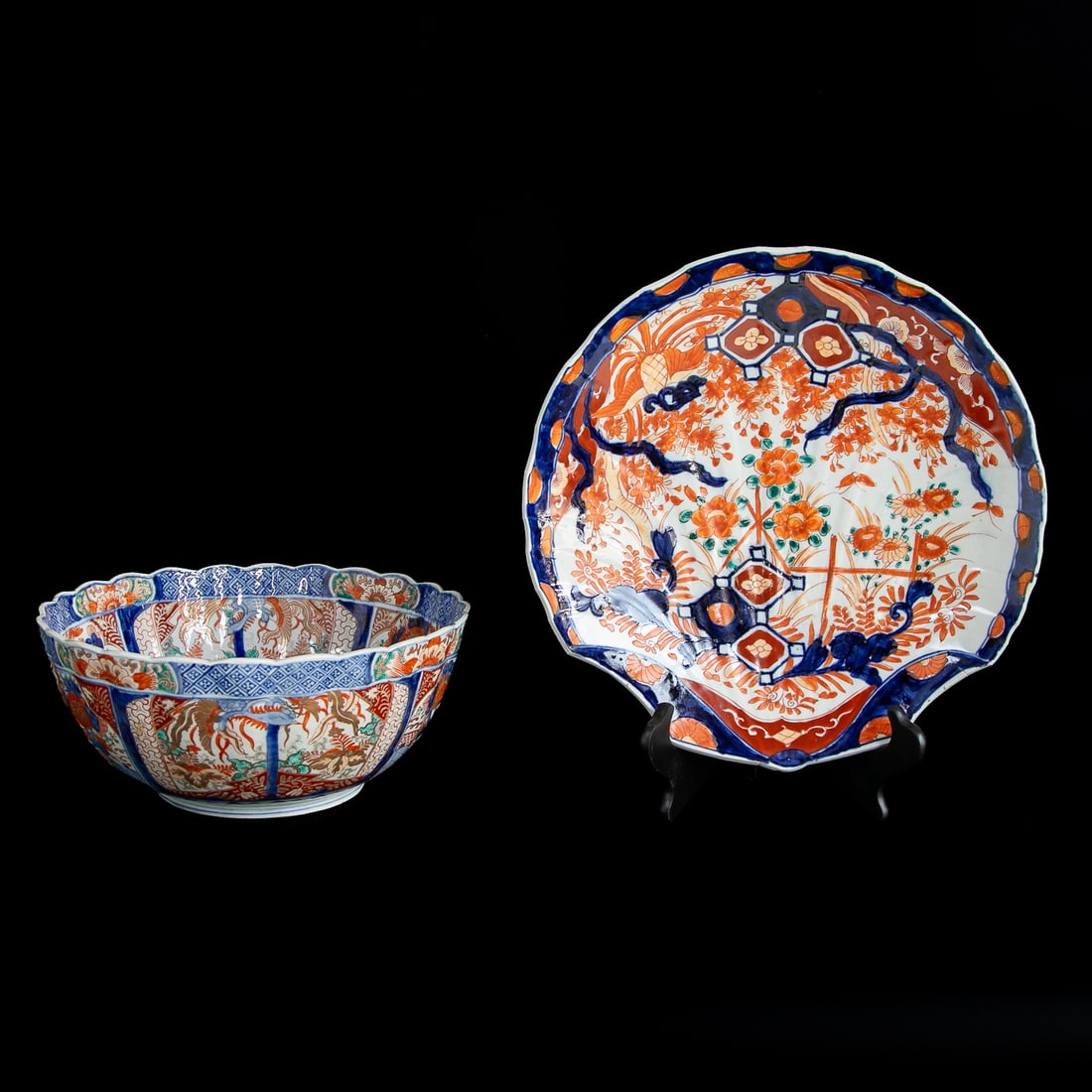 Late 19th C. Japanese Imari Pieces, Two Total: Late 19th C. Japanese Imari Pieces, Two Total, Includes One Imari Bowl Having Scalloped Edges, Blue Geometric Top Edge Alternating with Floral Design Panels, Center Features Figure Sitting on Wave, Si