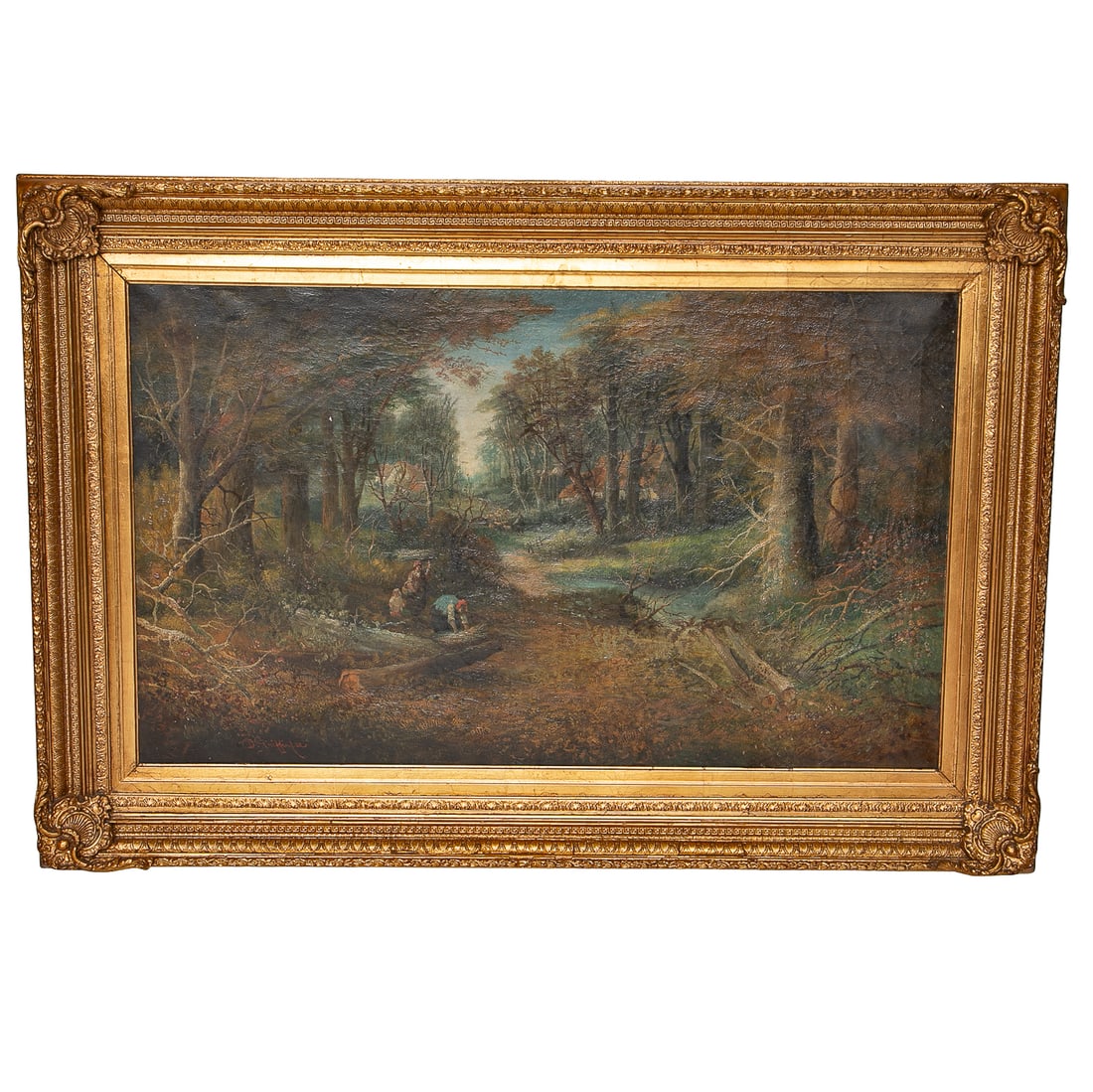 Late 19th C. Landscape Scene, Oil on Canvas: Late 19th C. Landscape Scene, Oil on Canvas, Depicting Two Females in Foreground Near Logs, Male in Background Herding Sheep, Deep in Forest with Pond and Fallen Trees, Signed Lower Left D. Griffin, 8