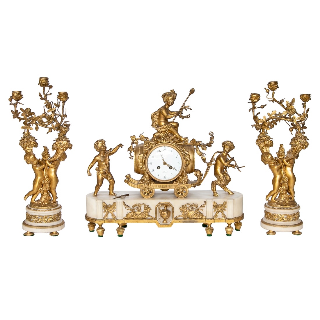 Late 19th C. Gilt Bronze and White Marble French Louis XV Style Garniture/Clock Set, Three Total: Late 19th C. Gilt Bronze and White Marble French Louis XV Style Garniture/Clock Set, Three Total Pieces, Includes Pair of Three Branch Gilt Bronze Candelabras, Having Double Putti Facing Each Other, B