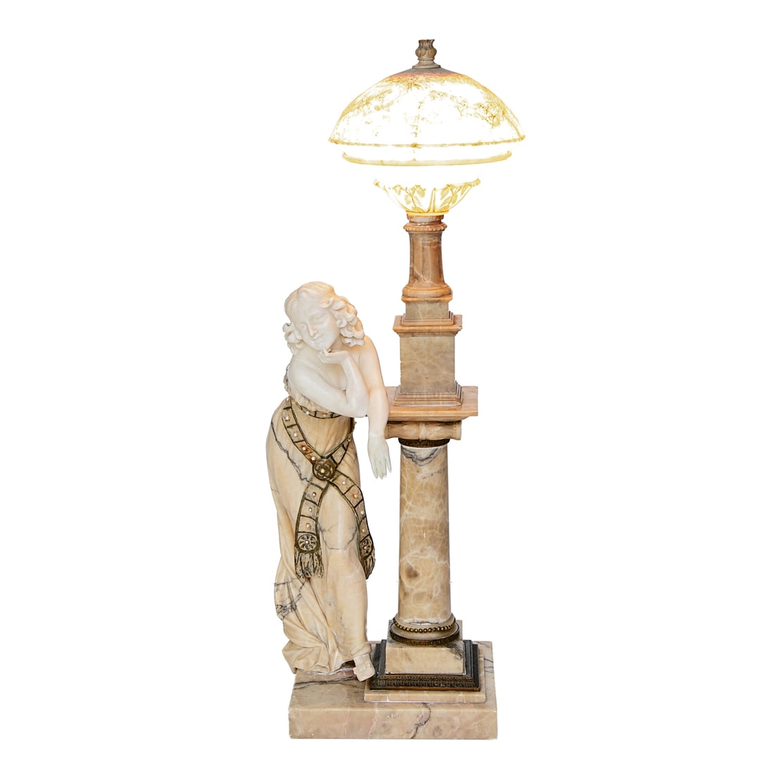 Vintage Art Deco Alabaster Female Figure Standing by Pedestal Table Lamp: Vintage Art Deco Alabaster Female Figure Standing by Pedestal Table Lamp, Having Detachable Dome Top Featuring Bow and Floral Swags, Floral Form Finial, Center Support Features Multiple Square Forms a