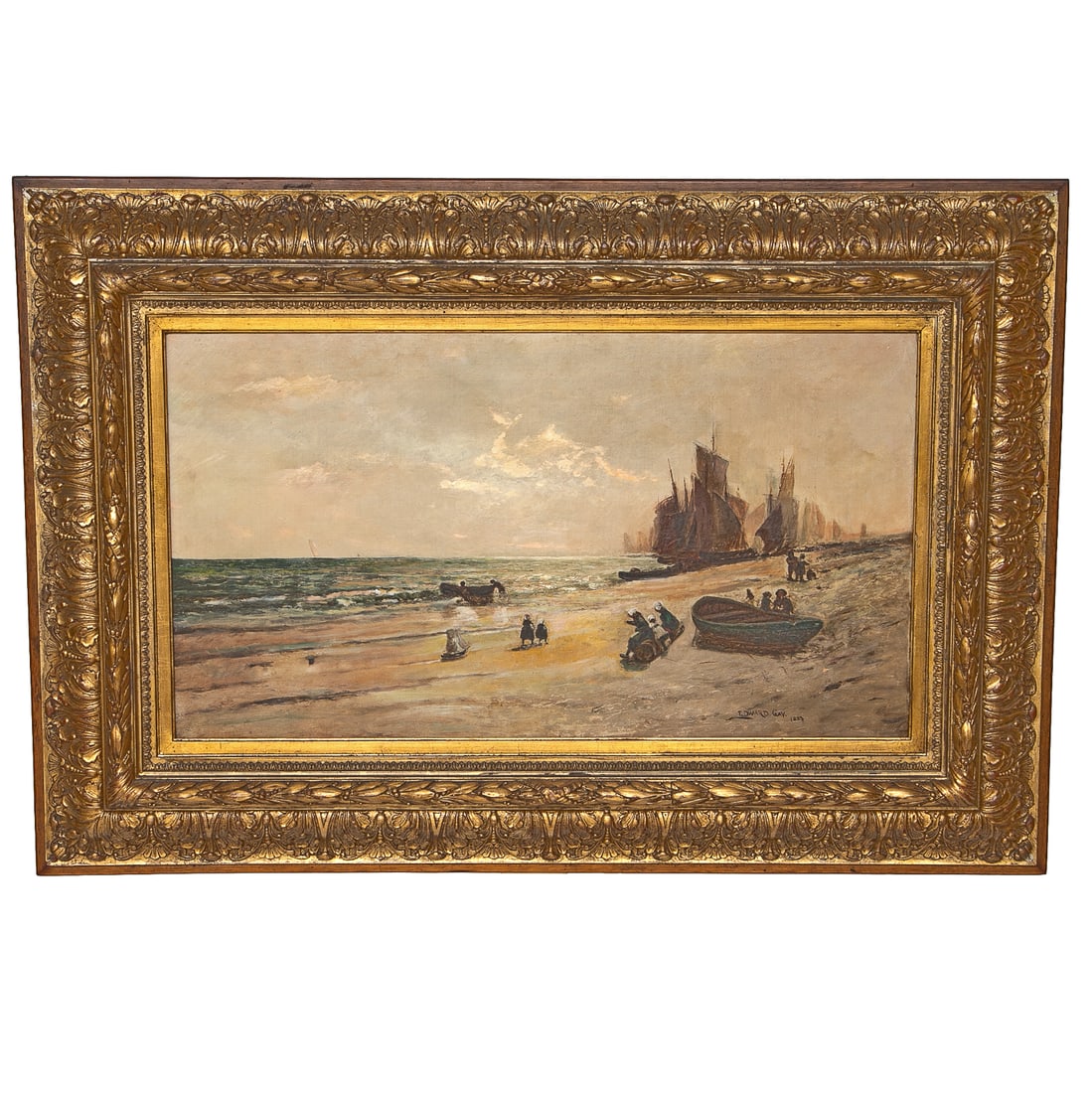 19th C. Edward Gay (America, 1837-1928) Shore Landscape Scene, Oil on Canvas: 19th C. Edward Gay (America, 1837-1928) Shore Landscape Scene, Oil on Canvas, Hudson River School Style, Depicting Boats Along Shore, People in Small Fishing Boats, Signed Lower Right, Housed in Ornat