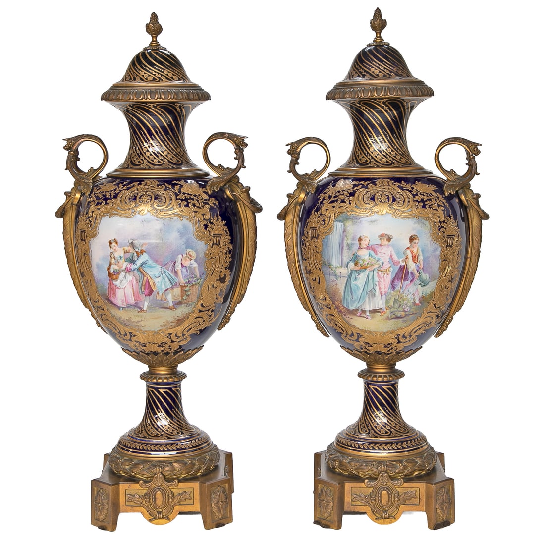 Incredible Late 19th C. French Sevres Porcelain Cobalt Blue Hand Painted Gold Encrusted Urns, Pair (1 of 11)