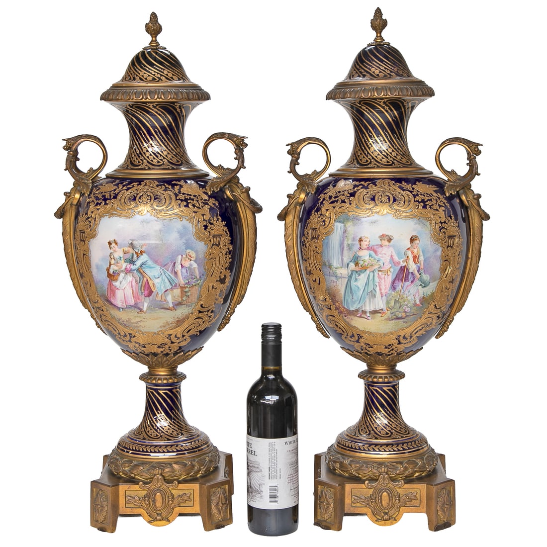 Incredible Late 19th C. French Sevres Porcelain Cobalt Blue Hand Painted Gold Encrusted Urns, Pair - 2