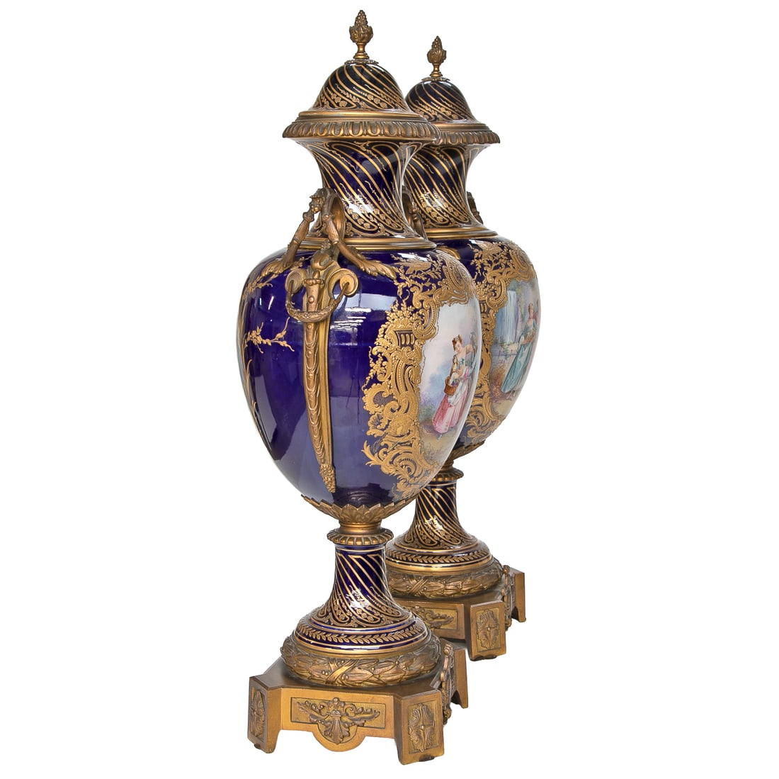 Incredible Late 19th C. French Sevres Porcelain Cobalt Blue Hand Painted Gold Encrusted Urns, Pair - 3
