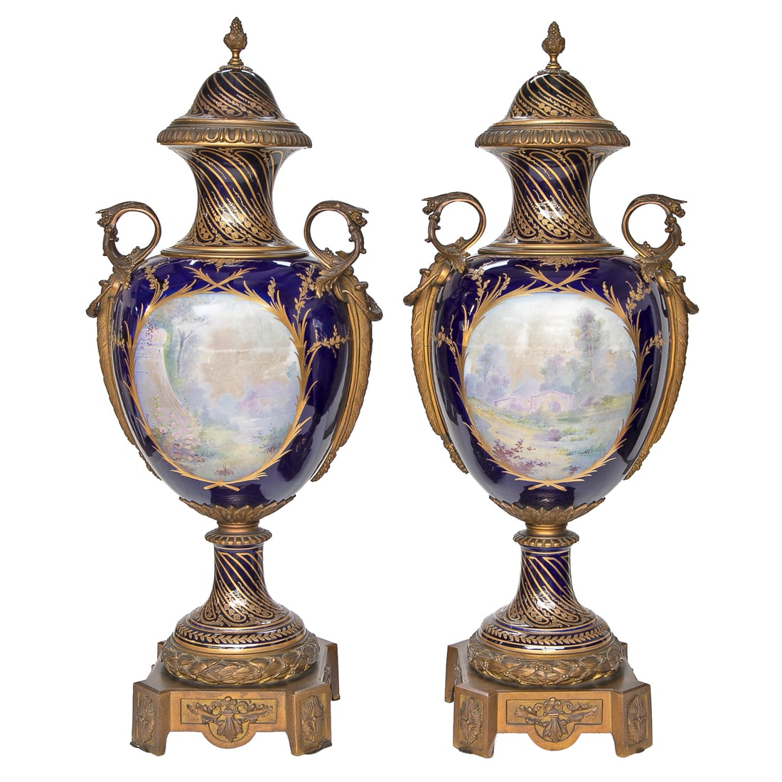 Incredible Late 19th C. French Sevres Porcelain Cobalt Blue Hand Painted Gold Encrusted Urns, Pair - 4