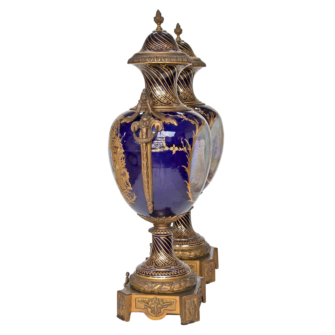 Incredible Late 19th C. French Sevres Porcelain Cobalt Blue Hand Painted Gold Encrusted Urns, Pair - 5