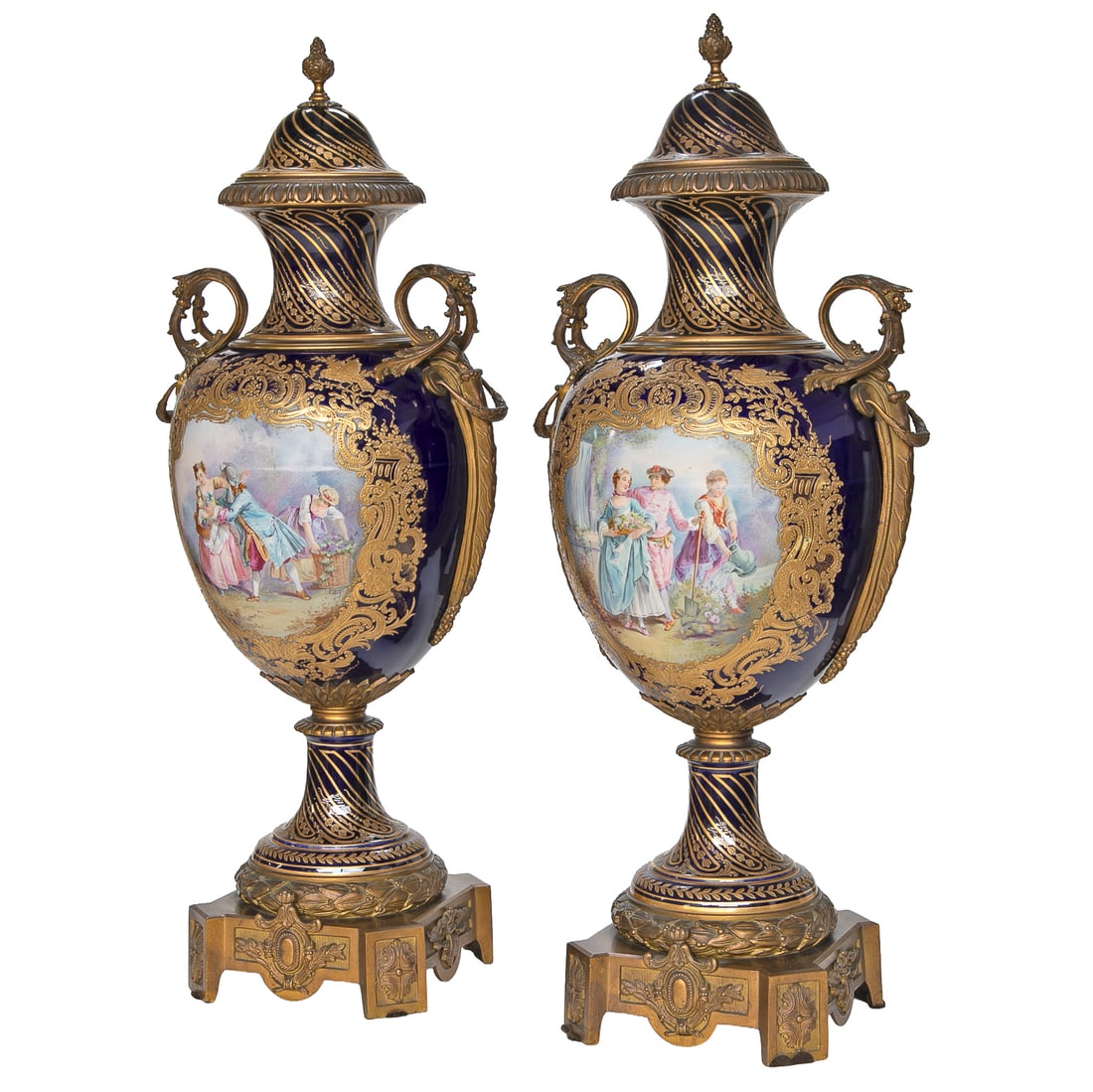 Incredible Late 19th C. French Sevres Porcelain Cobalt Blue Hand Painted Gold Encrusted Urns, Pair - 6