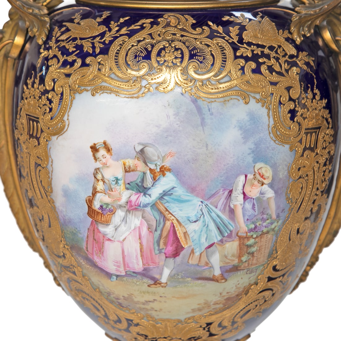 Incredible Late 19th C. French Sevres Porcelain Cobalt Blue Hand Painted Gold Encrusted Urns, Pair - 7