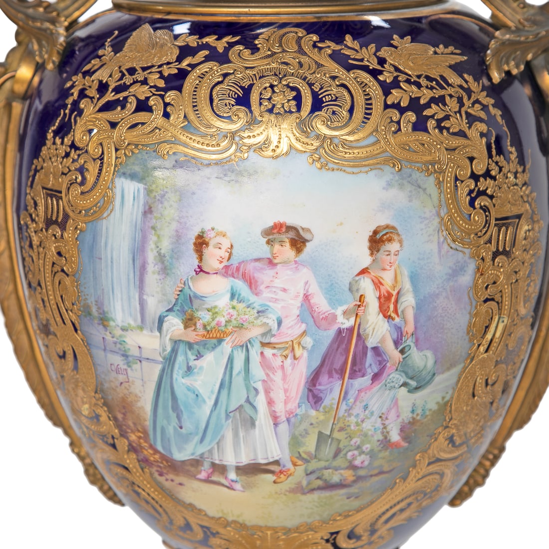 Incredible Late 19th C. French Sevres Porcelain Cobalt Blue Hand Painted Gold Encrusted Urns, Pair - 8