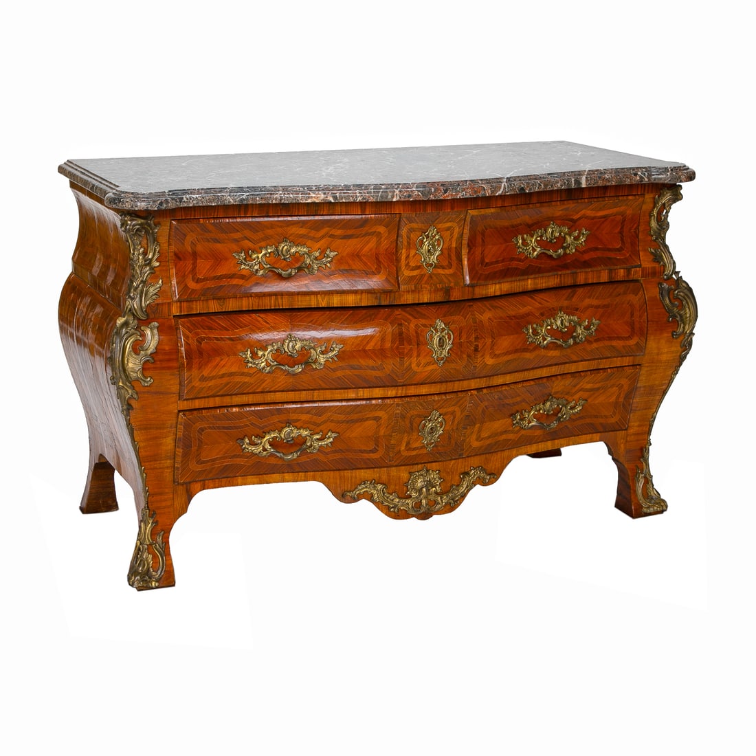 Late 19th C. Marble Top French Kings Wood Louis XV Style Commode: Late 19th C. Marble Top French Kings Wood Louis XV Style Commode, Having Molded Serpentine Shape Marble Top Featuring Rounded Corners, Bronze Mounted Leaf and Scroll Design Corners, Two Small Drawers 