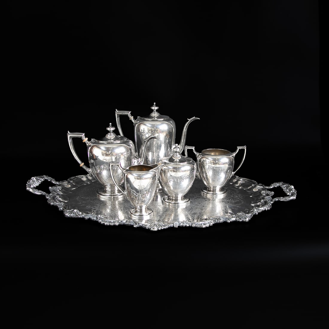 Sterling Silver Tea and Coffee Set with Companion Serving Tray, Six Total Pieces (1 of 17)