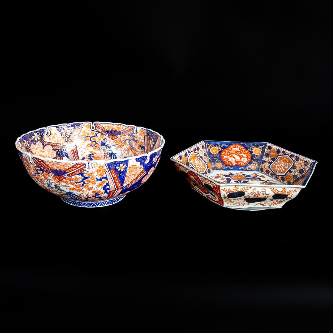 Late 19th C. Japanese Imari Bowls, Two Total: Late 19th C. Japanese Imari Bowls, Two Total, Includes One Hexagonal Shape Bowl, Center Features Fence and Cherry Blossom Tree with Flowers and Leaves, Interior Sides Feature Alternating Panels of Flo