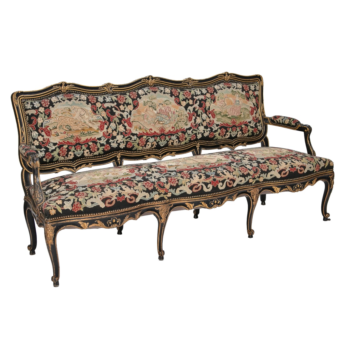 Late 19th C. French Louis XV Style Ebony Lacquered and Gold Leaf Triple Back Needlepoint Settee (1 of 9)