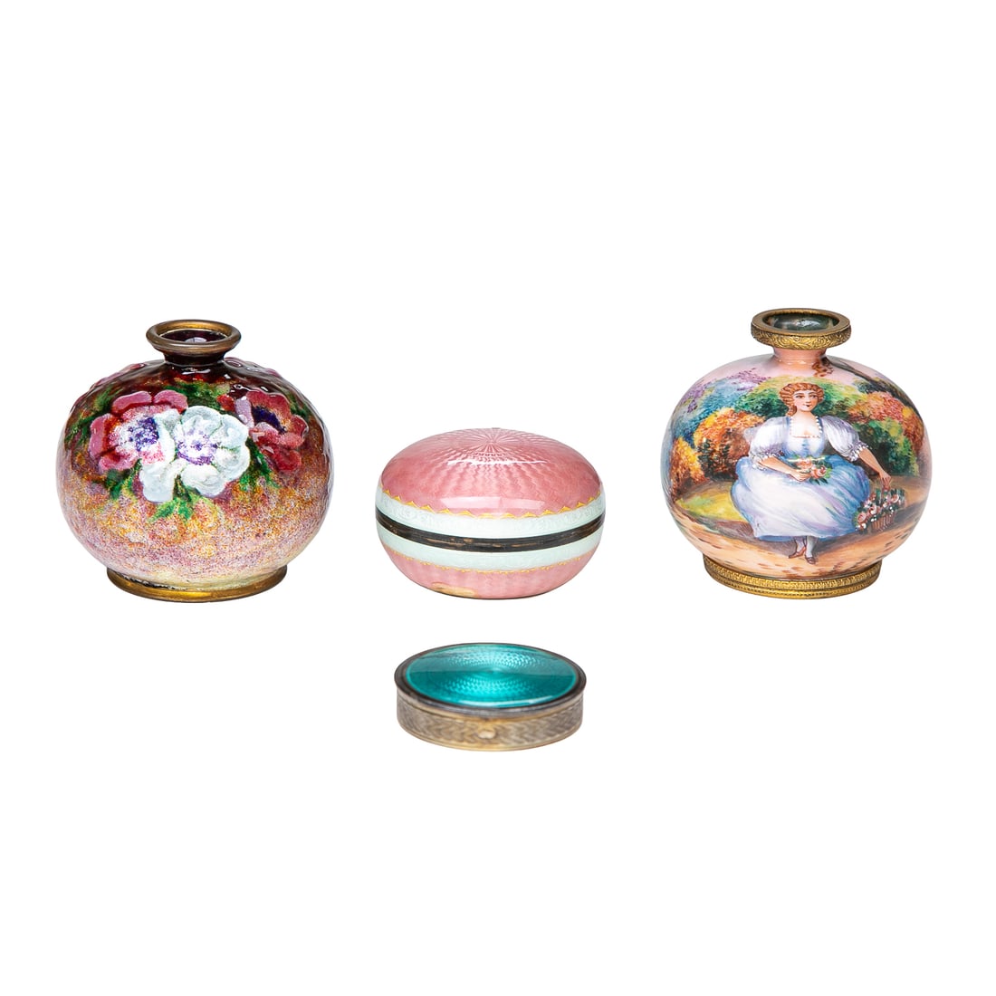 Vintage French Enamel Table Top Items, Four Total Pieces: Vintage French Enamel Table Top Items, Four Total Pieces, Includes One Signed Gamet Vase, Made From Sheet Copper and Enamel Hand Painted Landscape Design Featuring Female in Blue Dress Next To Flower 