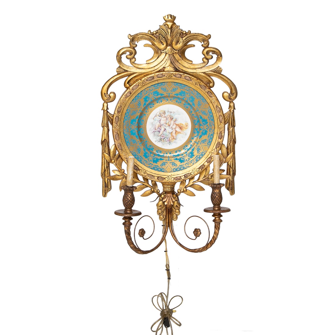 Vintage French Style Gold Leaf Carved Frame and Sevres Style Plate Wall Sconce (1 of 4)