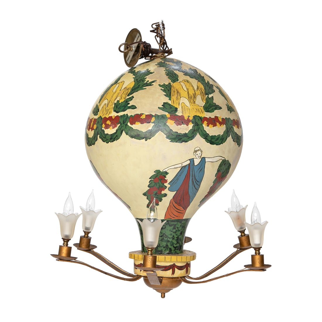 Antique Italian Hot Air Balloon Chandelier: Antique Italian Hot Air Balloon Chandelier, Having Hand Painted Body Featuring Eagles at Top Surrounded by Leaf Designs, Laurel Leaf Swags, Neoclassical Robed Figures Holding Flowers, Dual Color Green