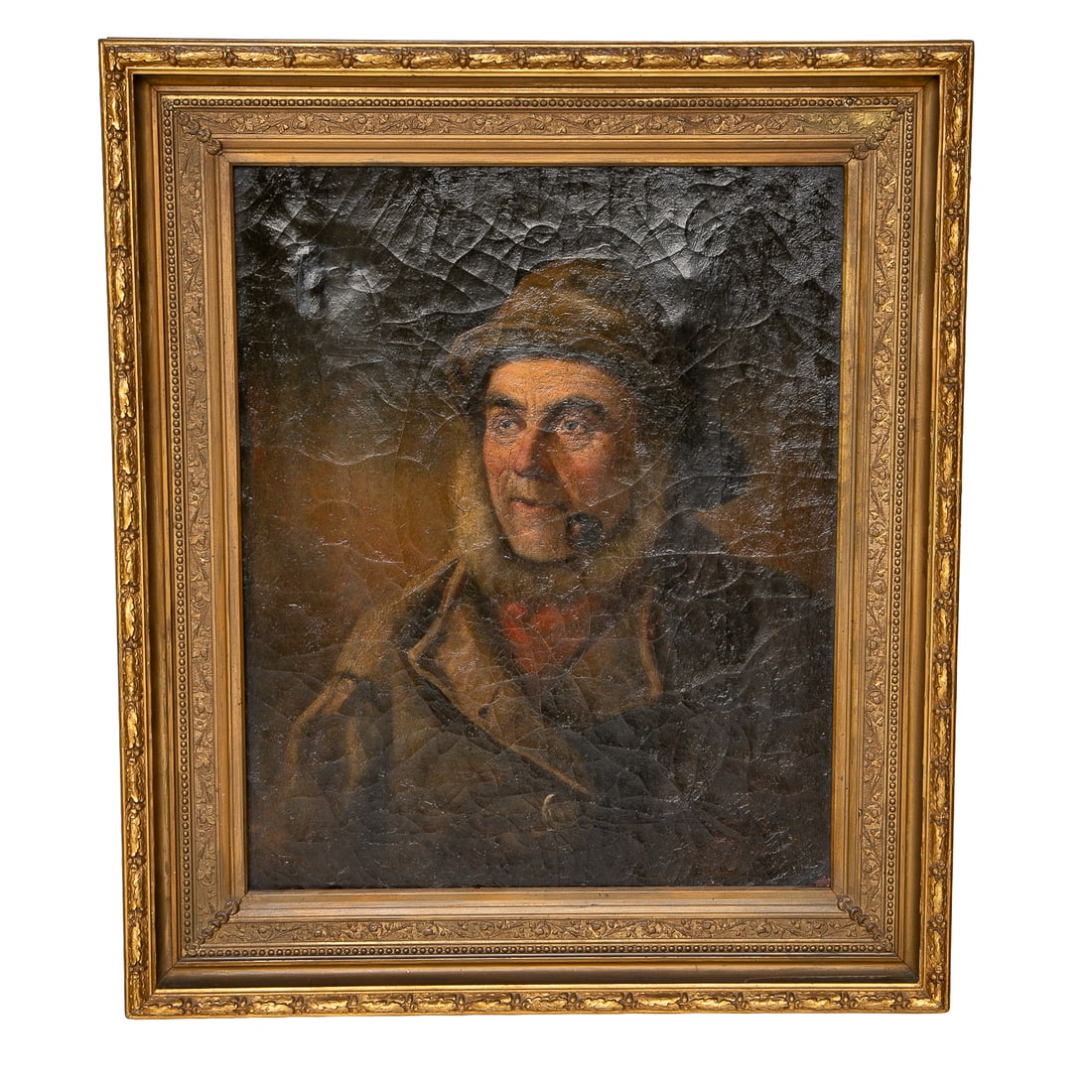 19th C. Male Portrait, Oil on Canvas: 19th C. Male Portrait, Oil on Canvas, Depicting Male Wearing Brown Coat and Hat, Smoking Pipe, Housed in Gold Leaf Frame Featuring Triple Borders Including One Leaf and Berry Border, One Bead Border a