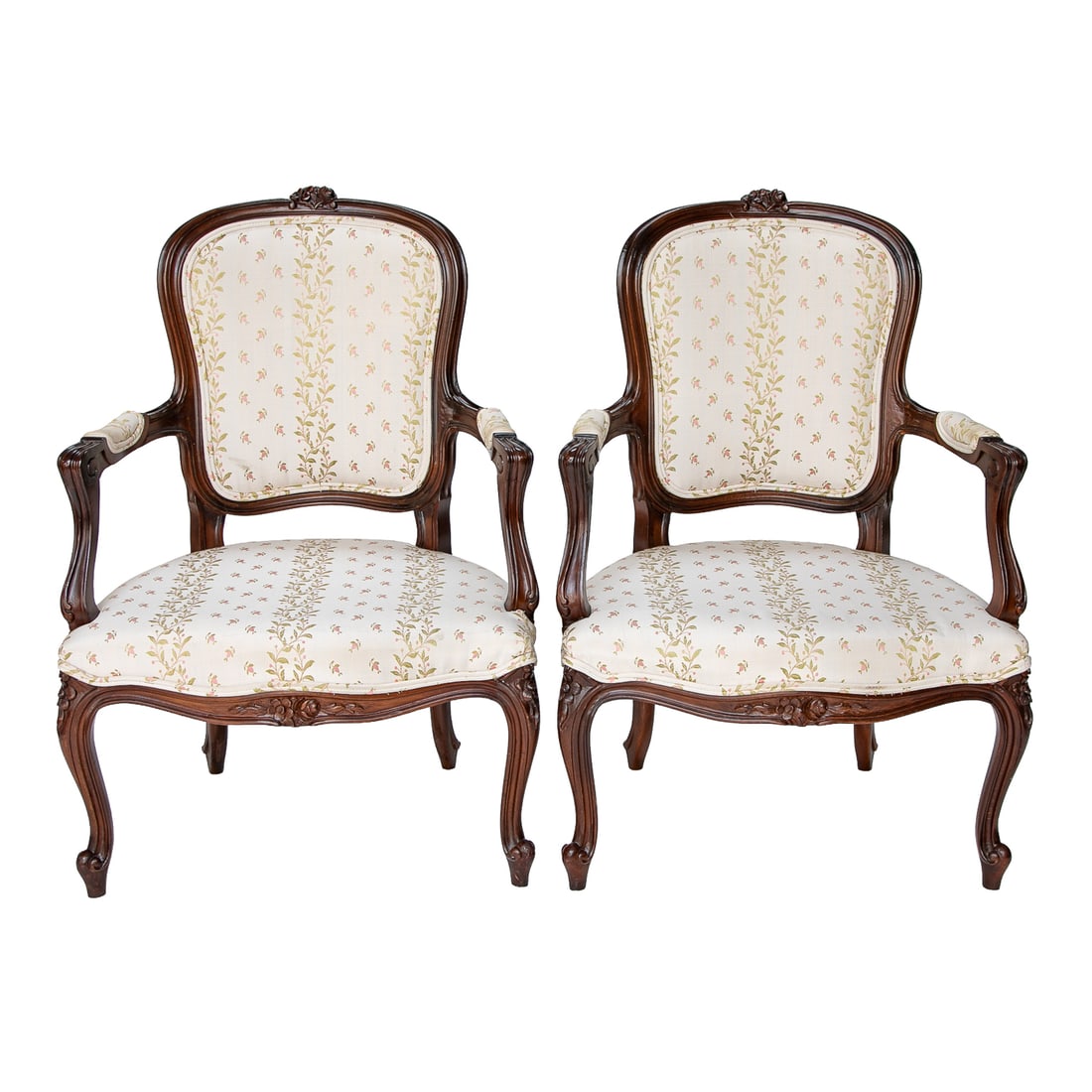 Vintage French Walnut Louis XV Style Cabriolet Arm Chairs, Pair (1 of 7)