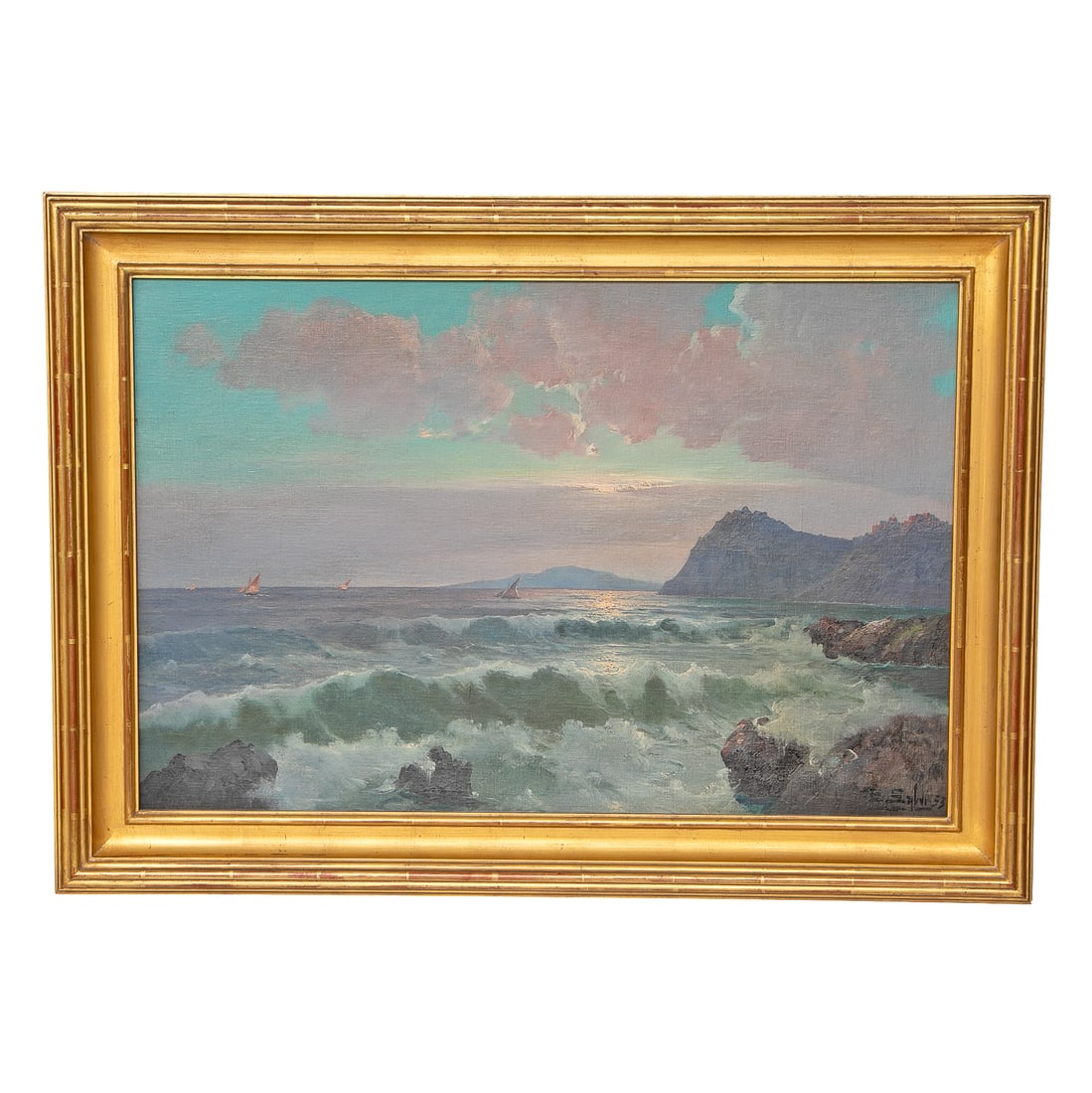 Seascape Scene, Oil on Artist Board: Seascape Scene, Oil on Artist Board, Depicting Sea at Sunrise, Boats on Water, Waves Crashing on Rocks, Signed Lower Right, Housed in Simple Gold Leaf Frame Featuring Molded Edges. 25.5" High, 35.5" W