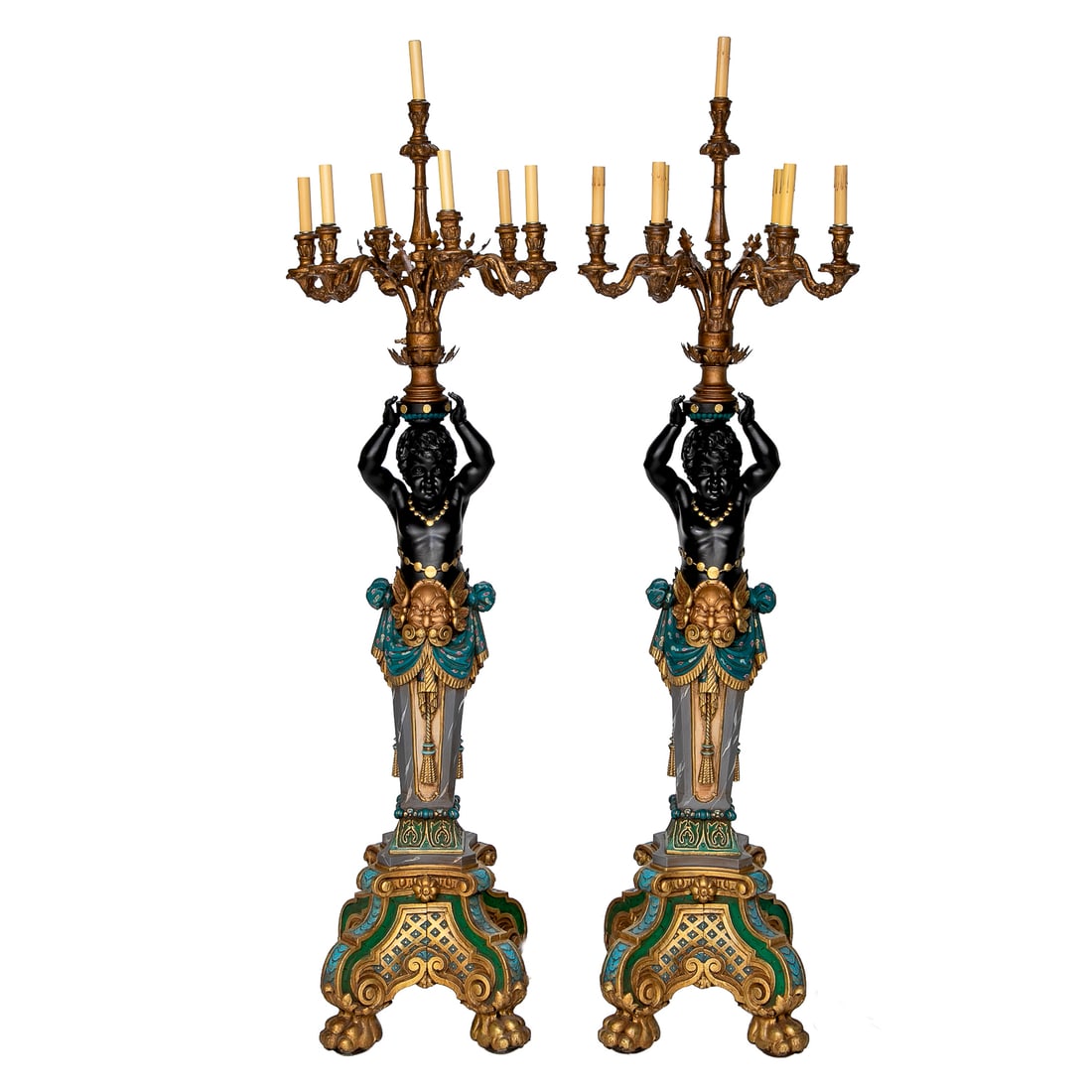 Vintage Venetian Style Carved Painted Blackamoor Figure Candelabra, Pair: Vintage Venetian Style Carved Painted Blackamoor Figure Candelabra, Pair, Having Young Nubian Figure, Wearing Gold Coin Necklace and Belt, Gold Leaf Male Mask Front, Turquoise Painted Floral Loin Clot