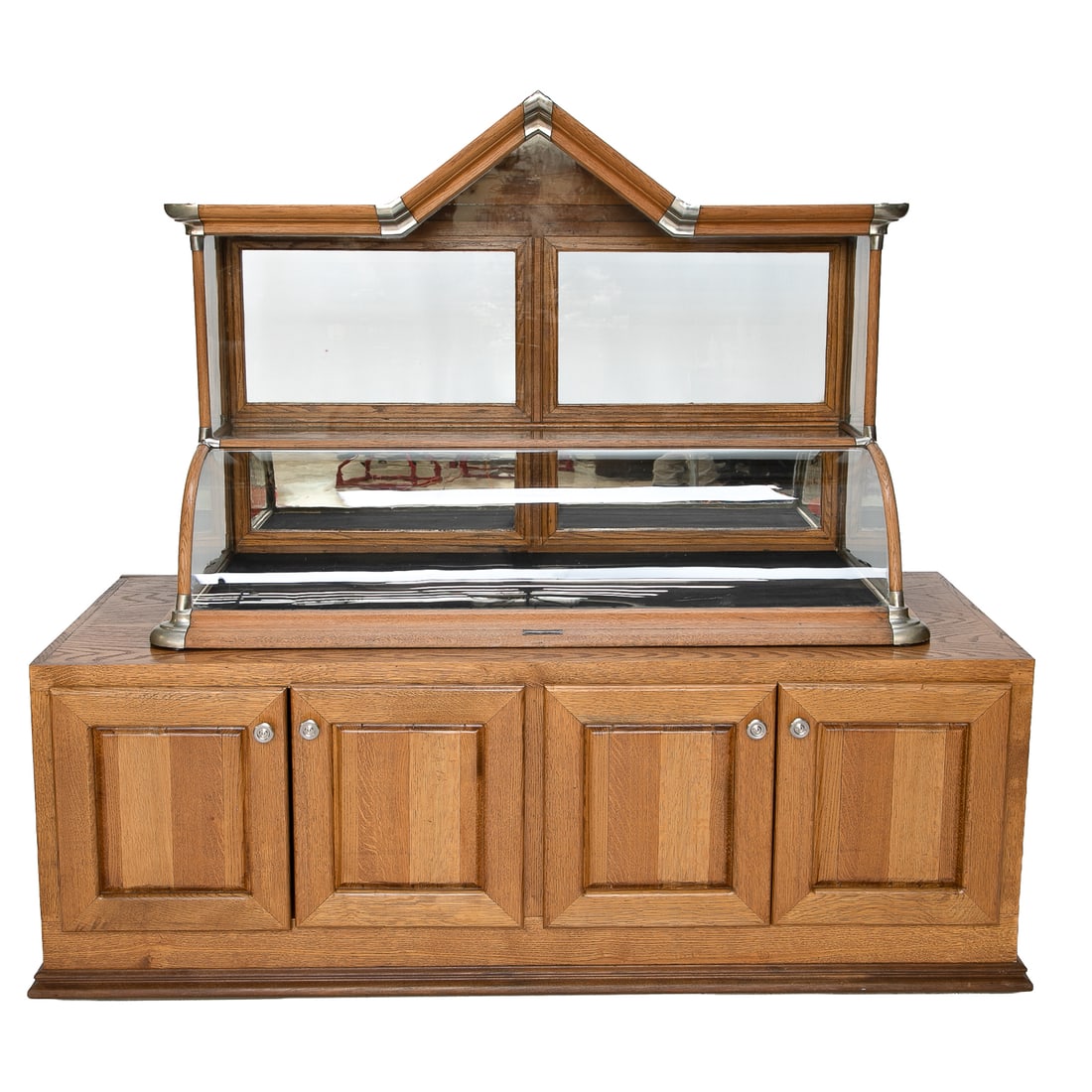 Vintage The American Bolt and Screw Case Company Country Store Oak Counter Top Curved Glass Display: Vintage The American Bolt and Screw Case Company Country Store Oak Counter Top Curved Glass Display Case, Dayton, Ohio, Along with Companion Oak Base, Top Having Arch Top, Oak Metal Bound Supports, To